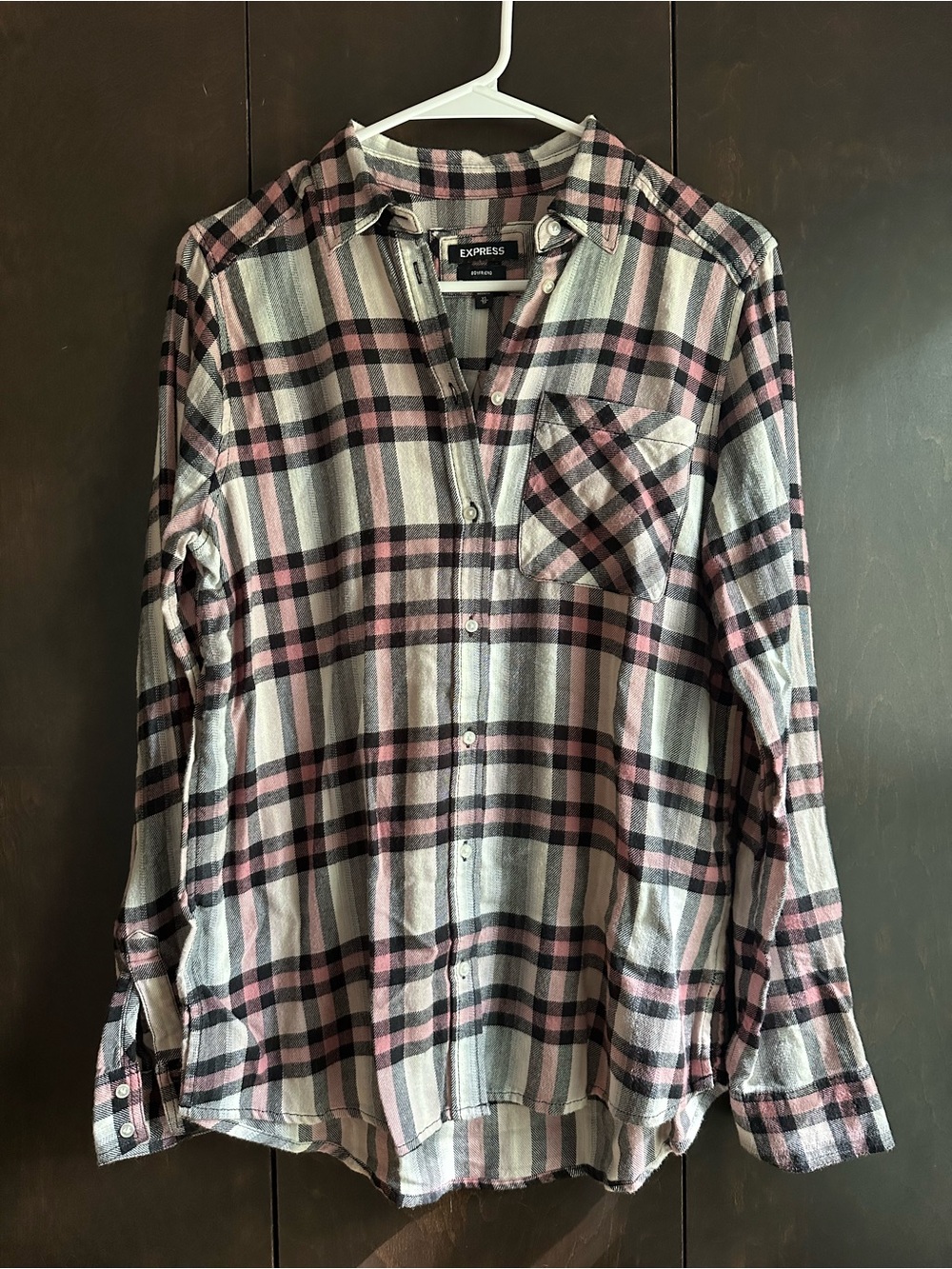 Express Boyfriend Flannel - Pink, Black and Cream Plaid